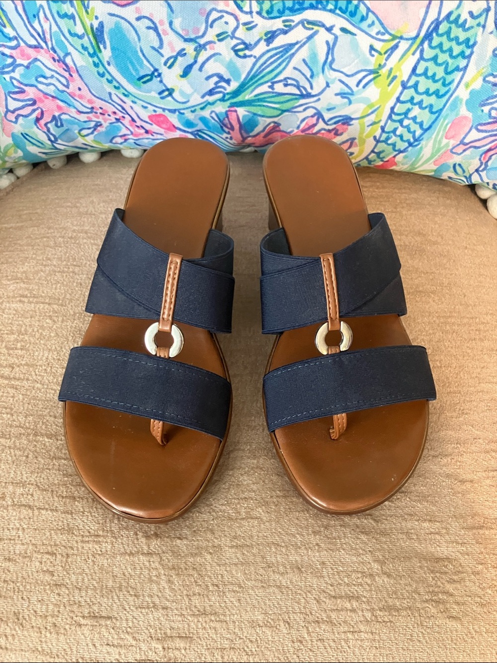 Italian Shoemakers Navy and Brown Slide Sandals with Ring Accent